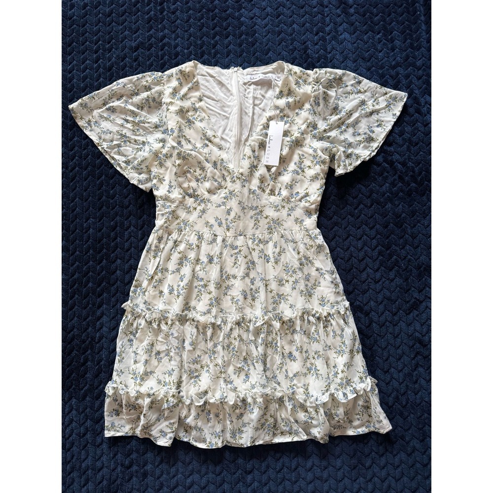 Lulu's X Lush So True White Floral Print Tiered Short Sleeve Mini Dress Sz S NWT